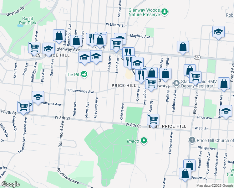 map of restaurants, bars, coffee shops, grocery stores, and more near 963 Kirbert Avenue in Cincinnati