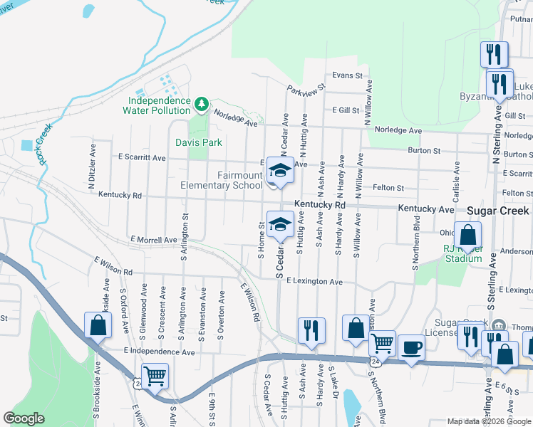 map of restaurants, bars, coffee shops, grocery stores, and more near 116 South Cedar Avenue in Independence