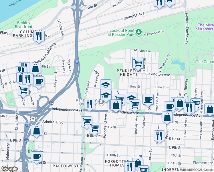 map of restaurants, bars, coffee shops, grocery stores, and more near 1734 East Missouri Avenue in Kansas City