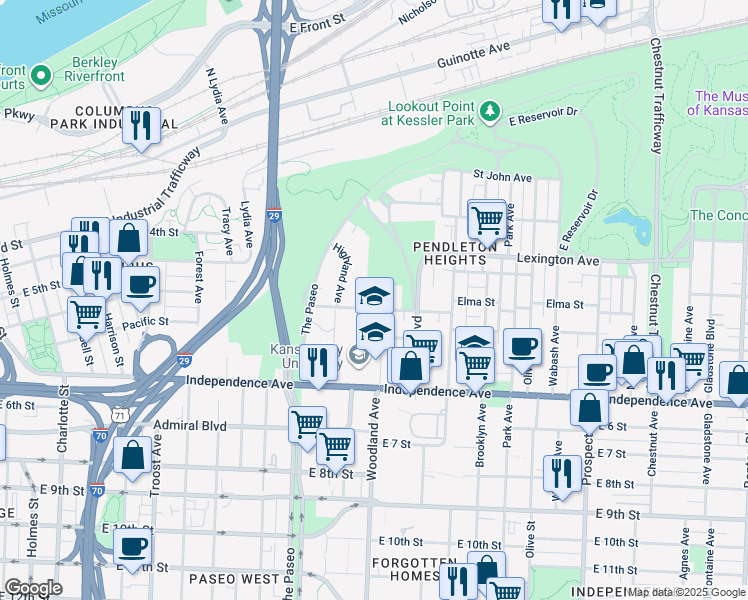 map of restaurants, bars, coffee shops, grocery stores, and more near 1734 East Missouri Avenue in Kansas City