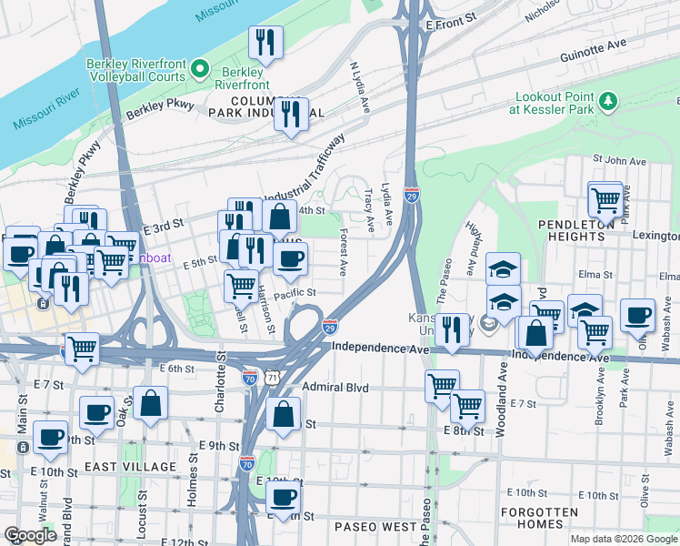 map of restaurants, bars, coffee shops, grocery stores, and more near 541 Forest Avenue in Kansas City