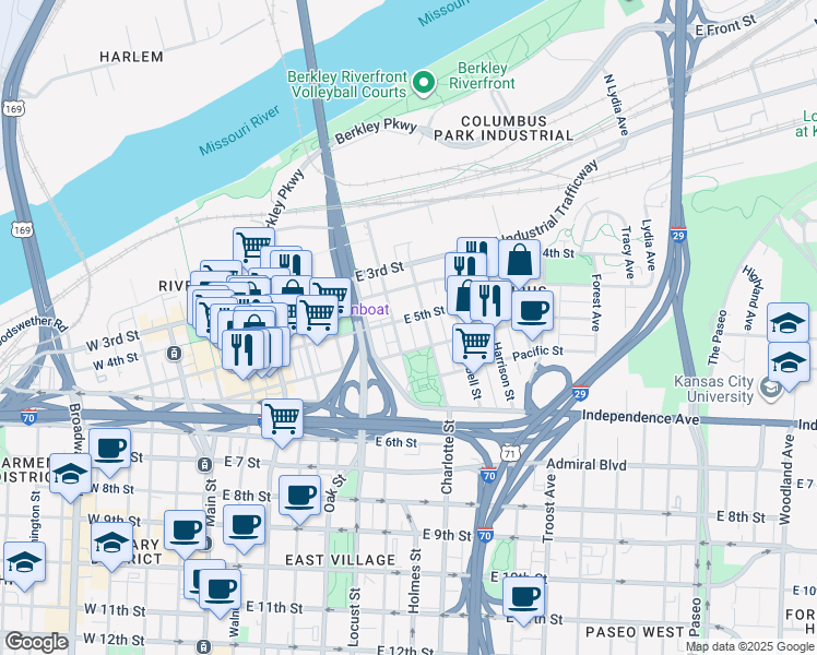 map of restaurants, bars, coffee shops, grocery stores, and more near 709 East 5th Street in Kansas City