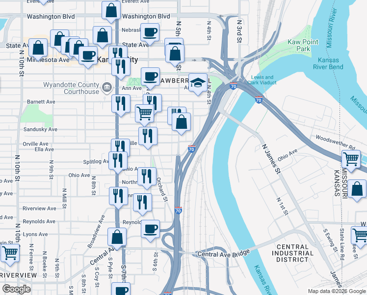 map of restaurants, bars, coffee shops, grocery stores, and more near 336 North 5th Street in Kansas City