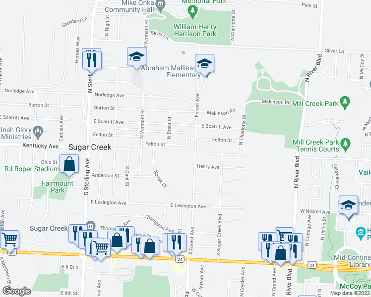 map of restaurants, bars, coffee shops, grocery stores, and more near 11561 Felton Street in Sugar Creek