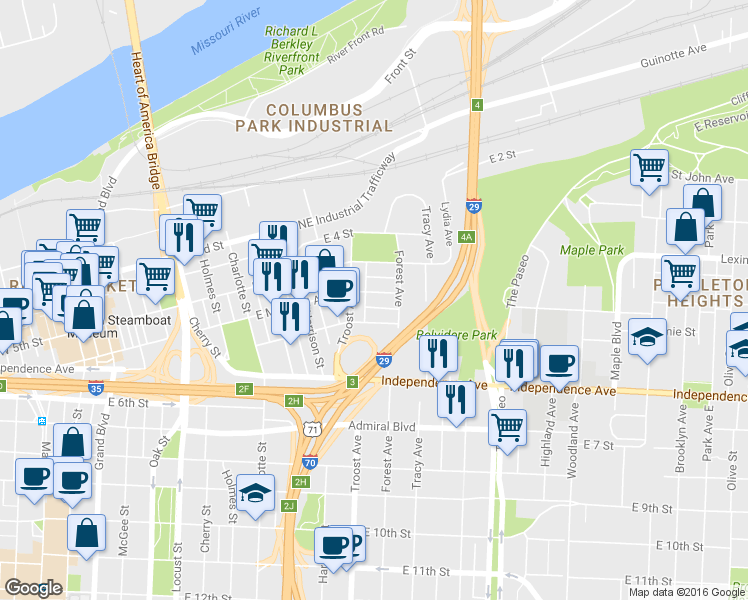 map of restaurants, bars, coffee shops, grocery stores, and more near 1119 East Missouri Avenue in Kansas City