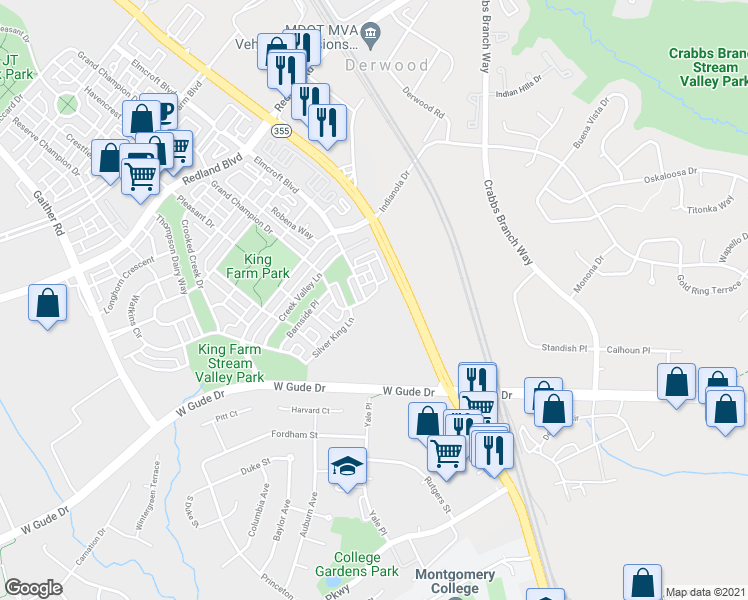 map of restaurants, bars, coffee shops, grocery stores, and more near 118 Pasture Side Way in Rockville