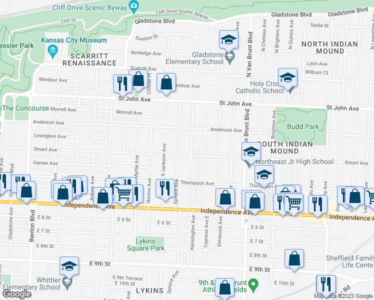 map of restaurants, bars, coffee shops, grocery stores, and more near 336 Kensington Avenue in Kansas City