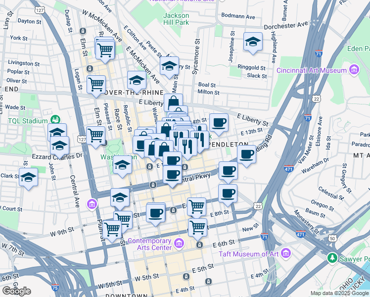 map of restaurants, bars, coffee shops, grocery stores, and more near 1206 Main Street in Cincinnati
