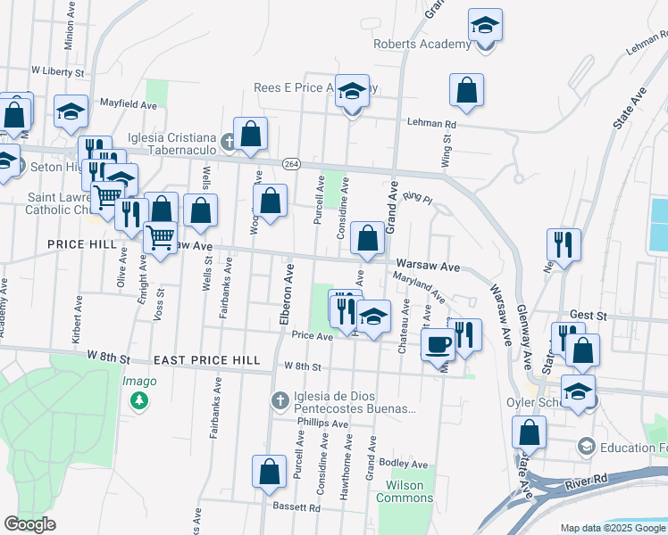 map of restaurants, bars, coffee shops, grocery stores, and more near 3201 Warsaw Avenue in Cincinnati