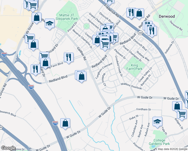 map of restaurants, bars, coffee shops, grocery stores, and more near 603 Gaither Road in Rockville