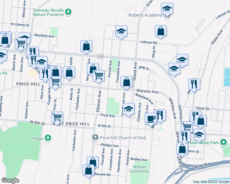 map of restaurants, bars, coffee shops, grocery stores, and more near 3201 Warsaw Avenue in Cincinnati