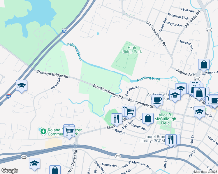 map of restaurants, bars, coffee shops, grocery stores, and more near 16000 Woodview Terrace in Laurel