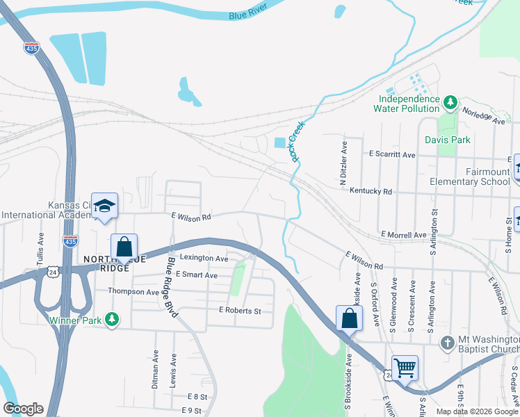map of restaurants, bars, coffee shops, grocery stores, and more near 9008 East Wilson Road in Independence