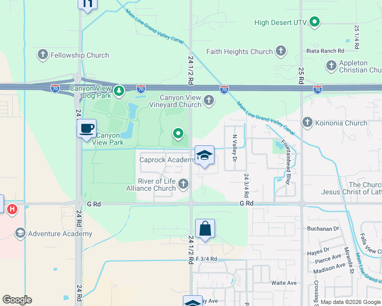 map of restaurants, bars, coffee shops, grocery stores, and more near Jack Creek Rd & 24 1/2 Rd in Grand Junction