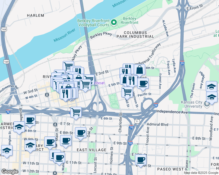 map of restaurants, bars, coffee shops, grocery stores, and more near 709 East 5th Street in Kansas City