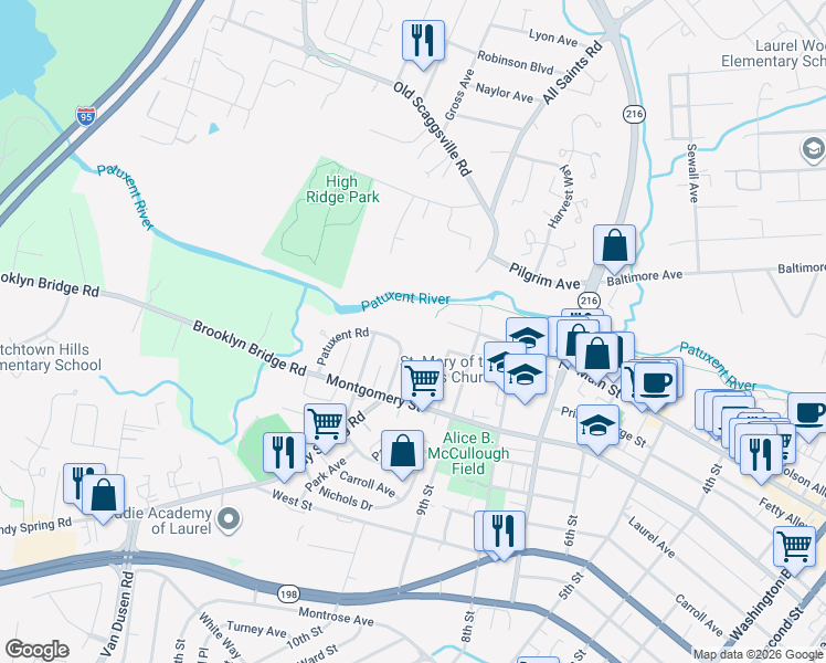 map of restaurants, bars, coffee shops, grocery stores, and more near 229 Patuxent Road in Laurel