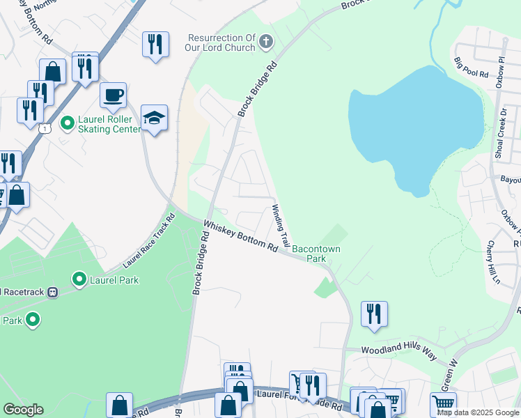 map of restaurants, bars, coffee shops, grocery stores, and more near 3608 Sweetbush Trail in Laurel