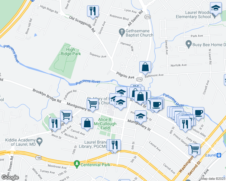 map of restaurants, bars, coffee shops, grocery stores, and more near 815 Main Street in Laurel