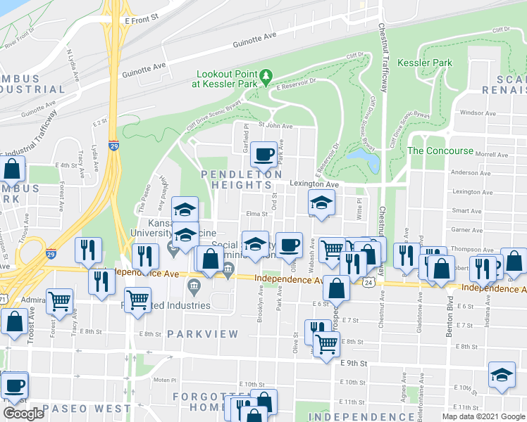 map of restaurants, bars, coffee shops, grocery stores, and more near 350 Brooklyn Ave in Kansas City
