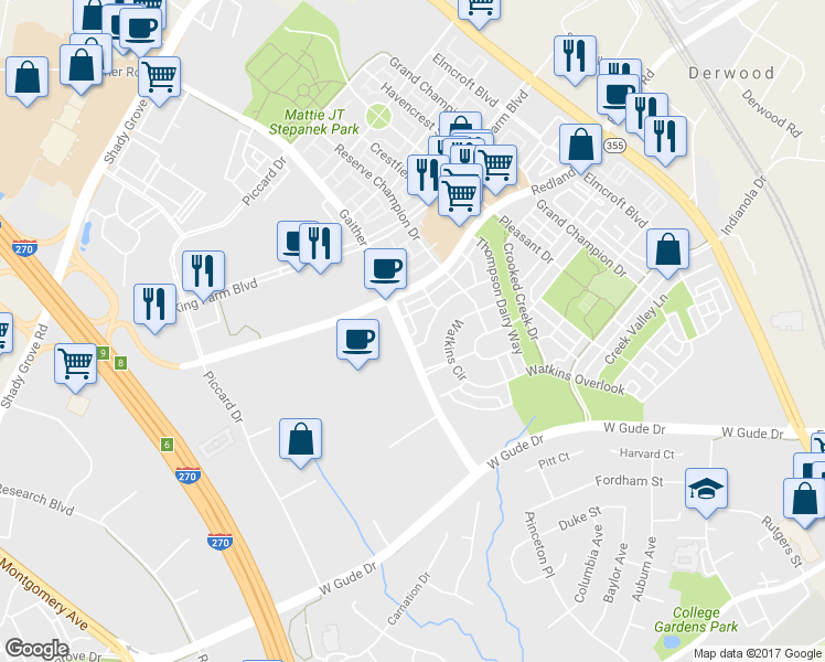 map of restaurants, bars, coffee shops, grocery stores, and more near 603 Gaither Road in Rockville