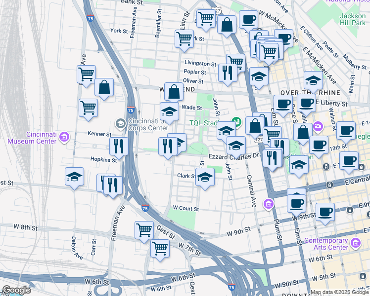 map of restaurants, bars, coffee shops, grocery stores, and more near 1331 Laurel Park Drive in Cincinnati