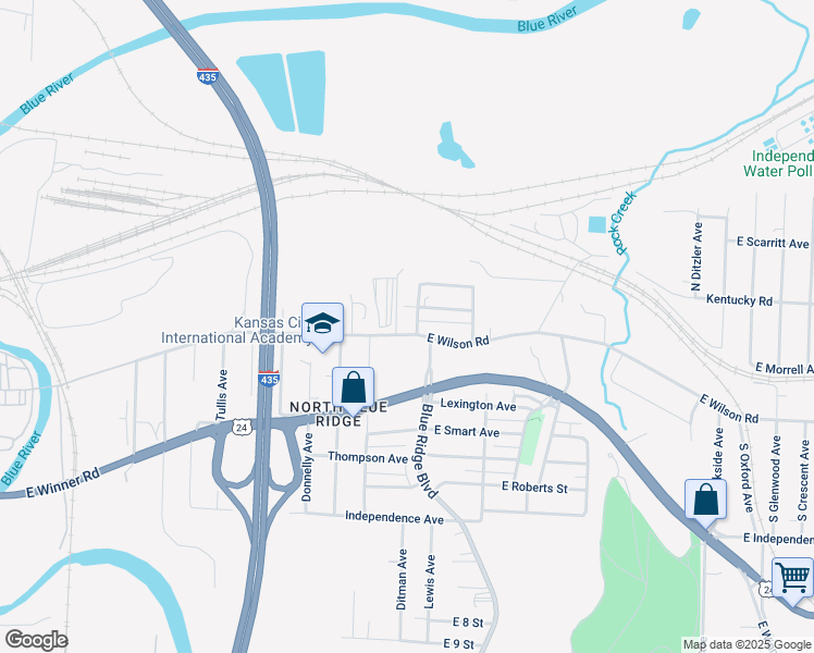 map of restaurants, bars, coffee shops, grocery stores, and more near 8622 East Wilson Road in Independence