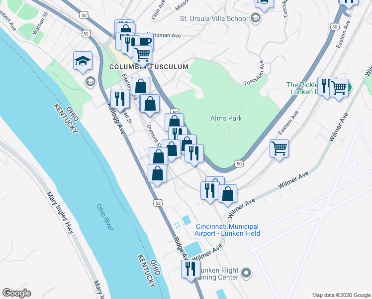 map of restaurants, bars, coffee shops, grocery stores, and more near 3964 Eastern Avenue in Cincinnati