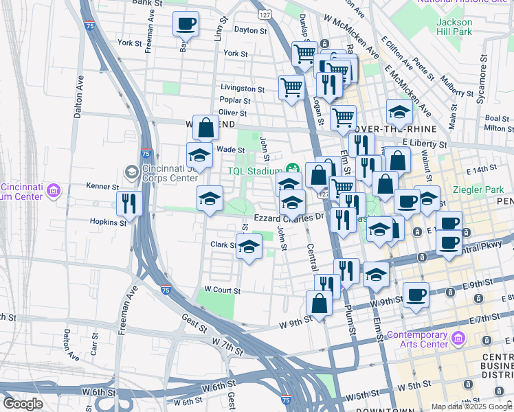 map of restaurants, bars, coffee shops, grocery stores, and more near 1334 Laurel Park Drive in Cincinnati