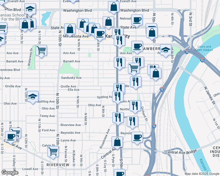 map of restaurants, bars, coffee shops, grocery stores, and more near 713 Orville Avenue in Kansas City