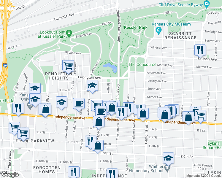 map of restaurants, bars, coffee shops, grocery stores, and more near 414 Montgall Avenue in Kansas City