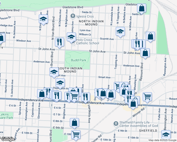 map of restaurants, bars, coffee shops, grocery stores, and more near 5313 Budd Park Espl Street in Kansas City