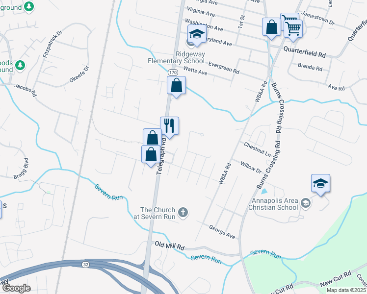 map of restaurants, bars, coffee shops, grocery stores, and more near 78 Richard Avenue in Severn