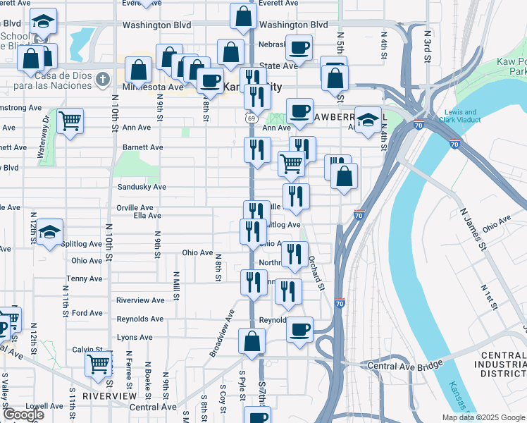 map of restaurants, bars, coffee shops, grocery stores, and more near 645 Orville Avenue in Kansas City