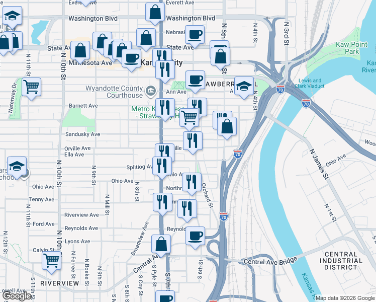 map of restaurants, bars, coffee shops, grocery stores, and more near 613 Orville Avenue in Kansas City