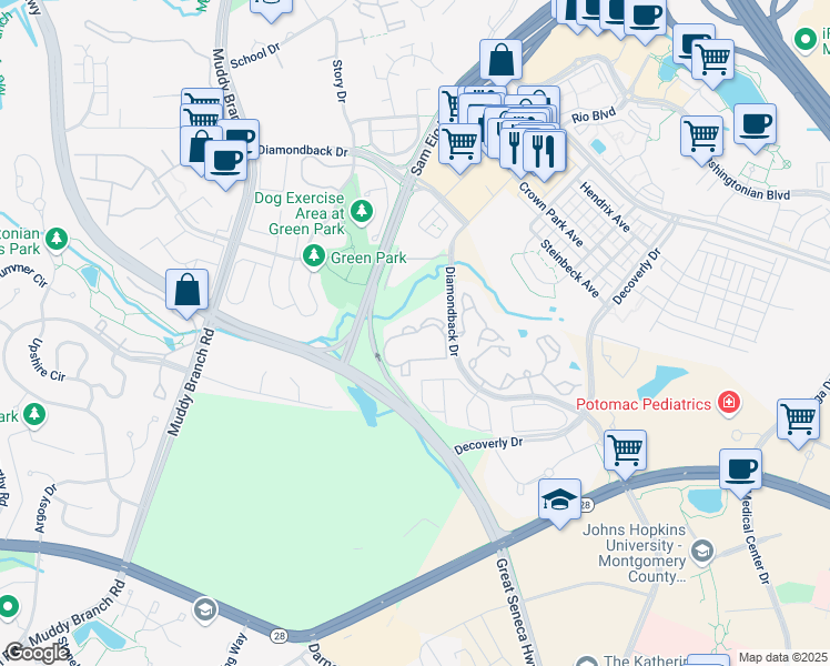 map of restaurants, bars, coffee shops, grocery stores, and more near Vanderbilt Circle in Rockville