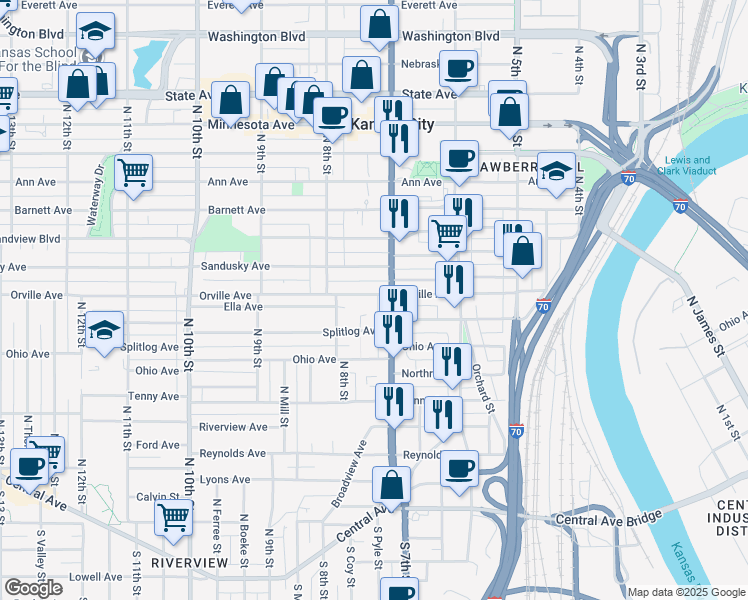 map of restaurants, bars, coffee shops, grocery stores, and more near 713 Orville Avenue in Kansas City