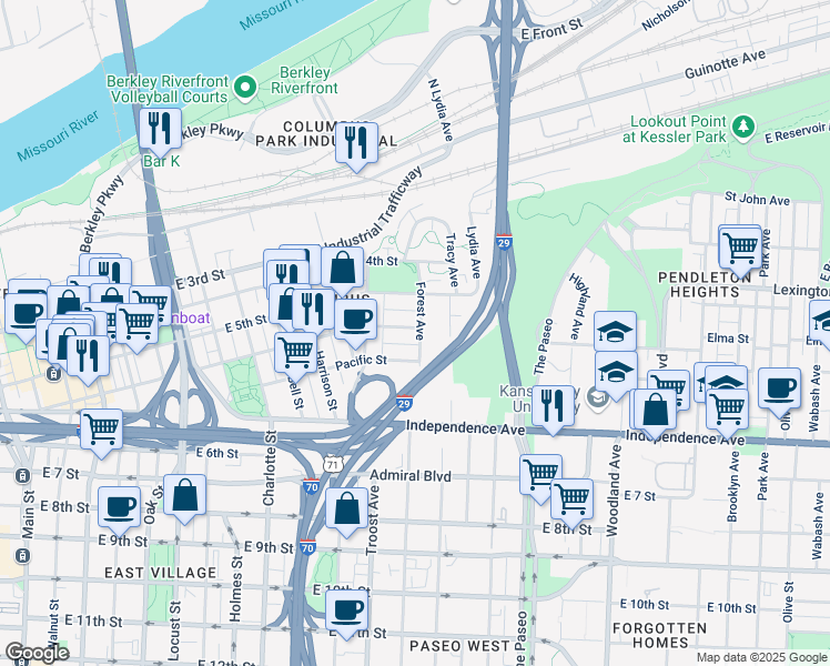 map of restaurants, bars, coffee shops, grocery stores, and more near 541 Forest Avenue in Kansas City