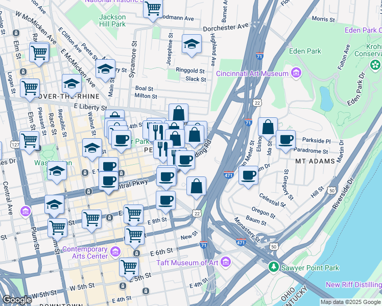 map of restaurants, bars, coffee shops, grocery stores, and more near 528 Reading Road in Cincinnati
