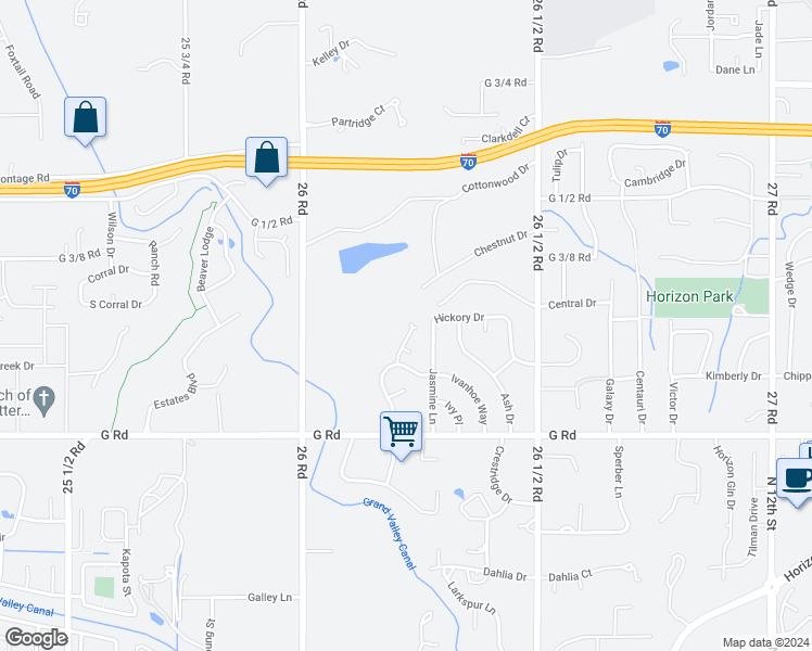 map of restaurants, bars, coffee shops, grocery stores, and more near 721 Jasmine Lane in Grand Junction