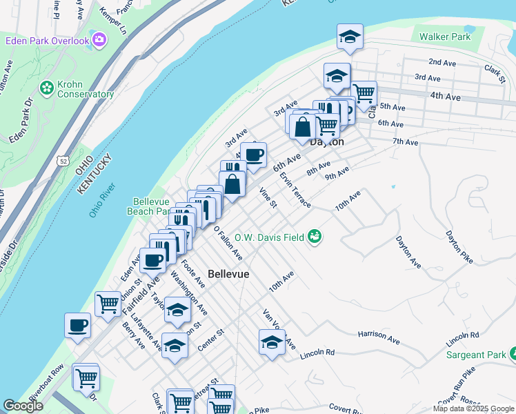 map of restaurants, bars, coffee shops, grocery stores, and more near in Dayton