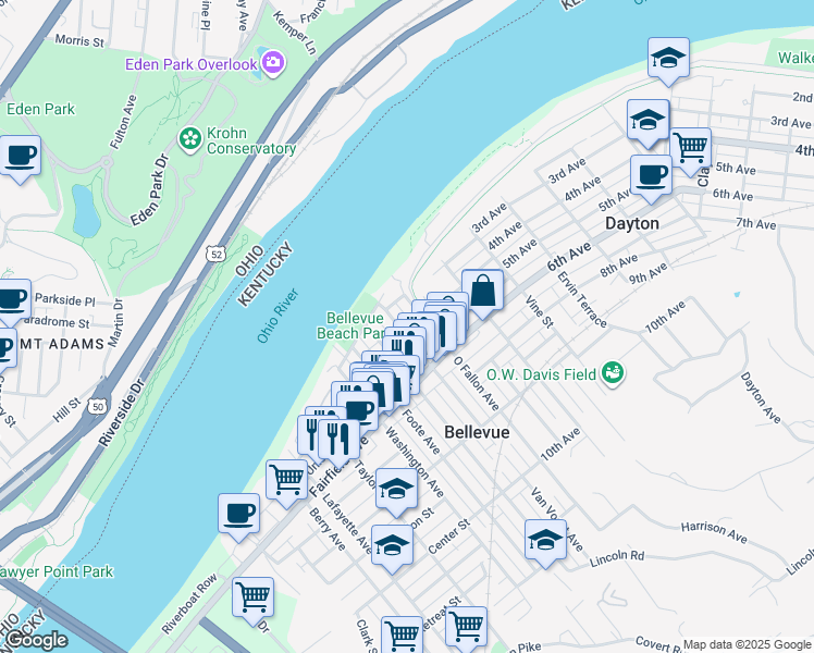 map of restaurants, bars, coffee shops, grocery stores, and more near 145 Van Voast Avenue in Bellevue