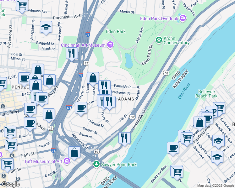 map of restaurants, bars, coffee shops, grocery stores, and more near 958 Hatch Street in Cincinnati