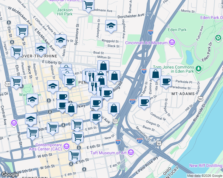 map of restaurants, bars, coffee shops, grocery stores, and more near 528 Reading Road in Cincinnati