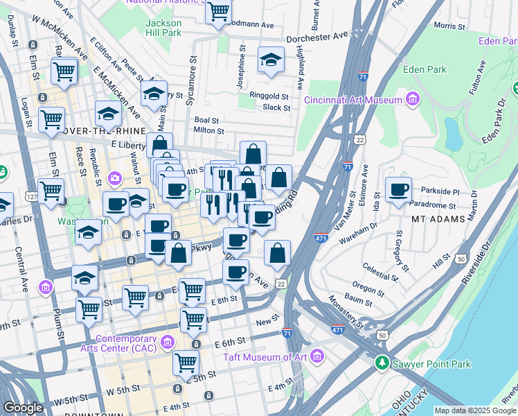 map of restaurants, bars, coffee shops, grocery stores, and more near 444 Reading Road in Cincinnati
