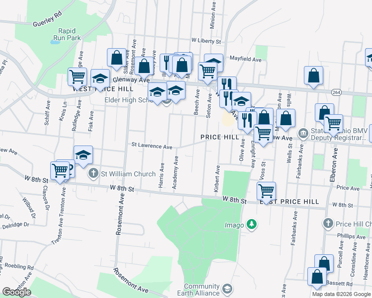 map of restaurants, bars, coffee shops, grocery stores, and more near 3851 Saint Lawrence Avenue in Cincinnati