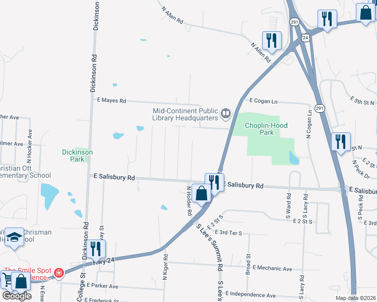 map of restaurants, bars, coffee shops, grocery stores, and more near 1713 North Kiger Road in Independence
