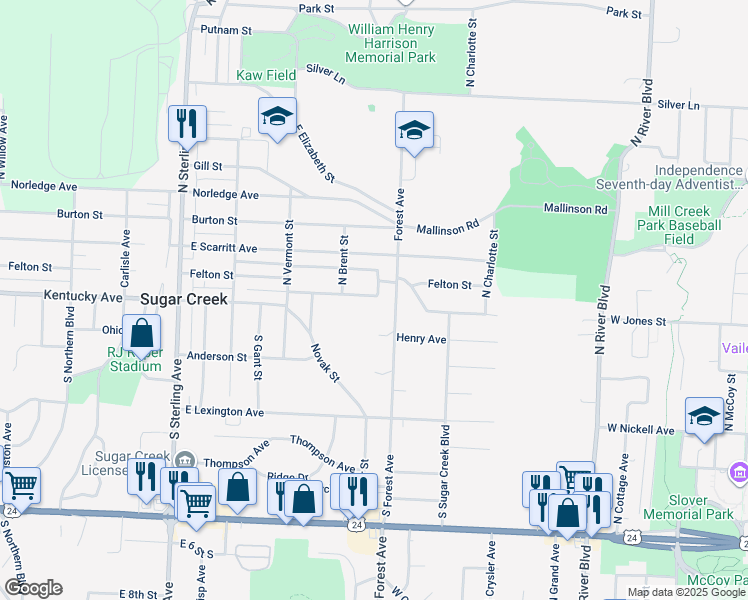 map of restaurants, bars, coffee shops, grocery stores, and more near 11557 Felton Street in Sugar Creek