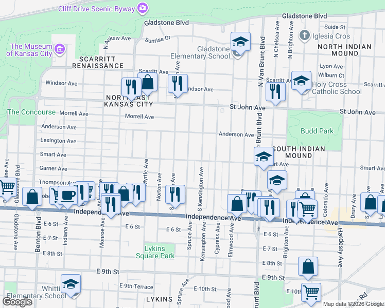 map of restaurants, bars, coffee shops, grocery stores, and more near 345 Spruce Avenue in Kansas City