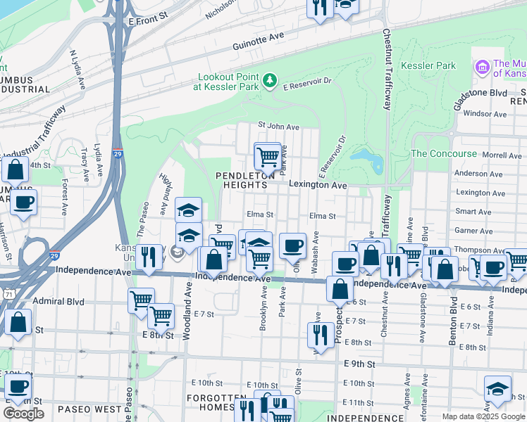 map of restaurants, bars, coffee shops, grocery stores, and more near 400 Brooklyn Avenue in Kansas City