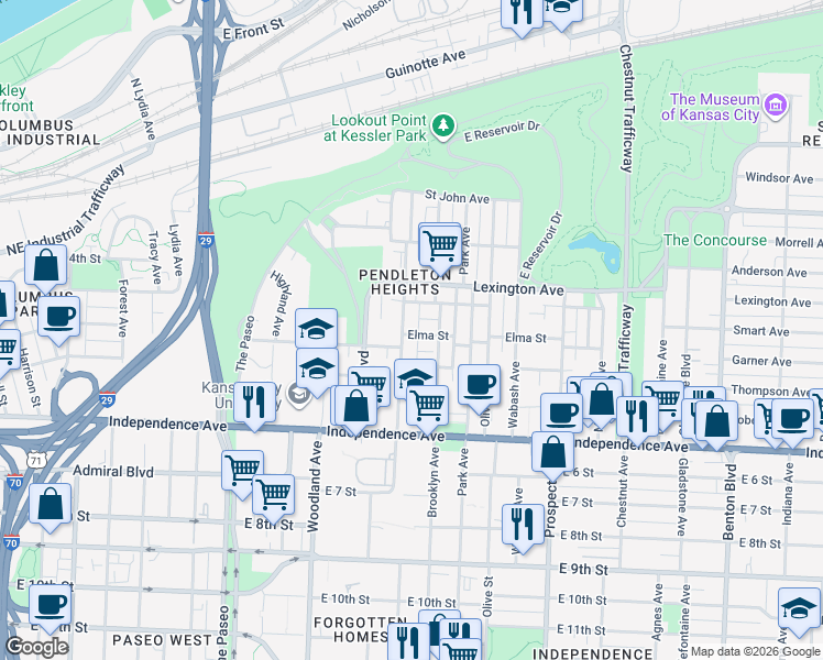map of restaurants, bars, coffee shops, grocery stores, and more near 344 Garfield Avenue in Kansas City